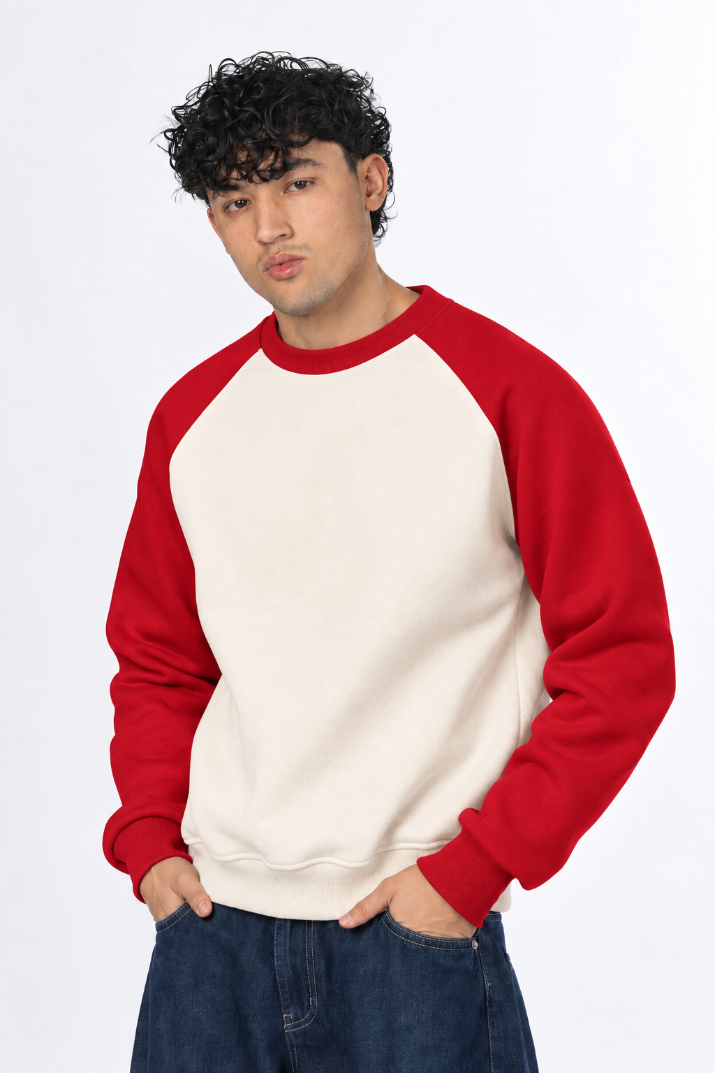 Boxy Fit Raglan Crewneck - Red / Cream
