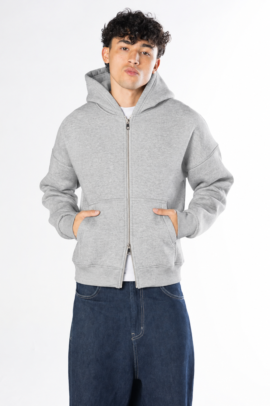 Double Zip-Up Hoodie (Boxy Fit) - Ash Grey