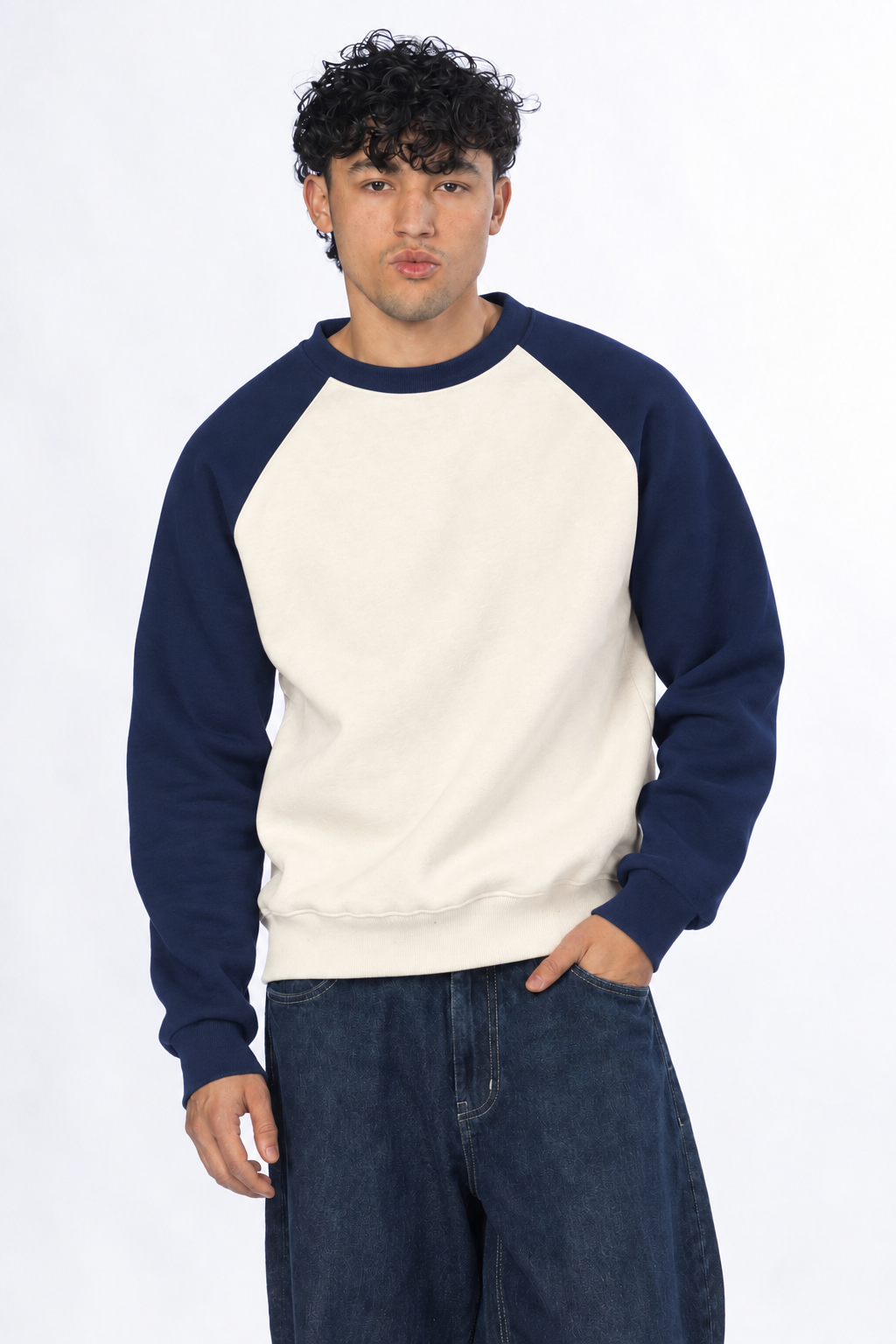 Boxy Fit Raglan Crewneck - Navy / Cream