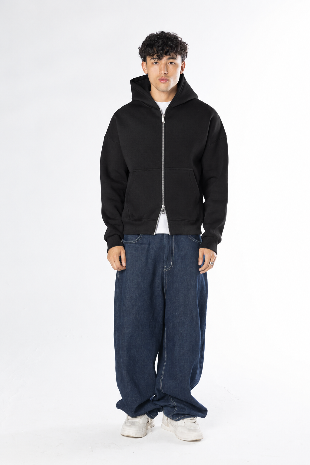 Double Zip-Up Hoodie (Boxy Fit) - Black