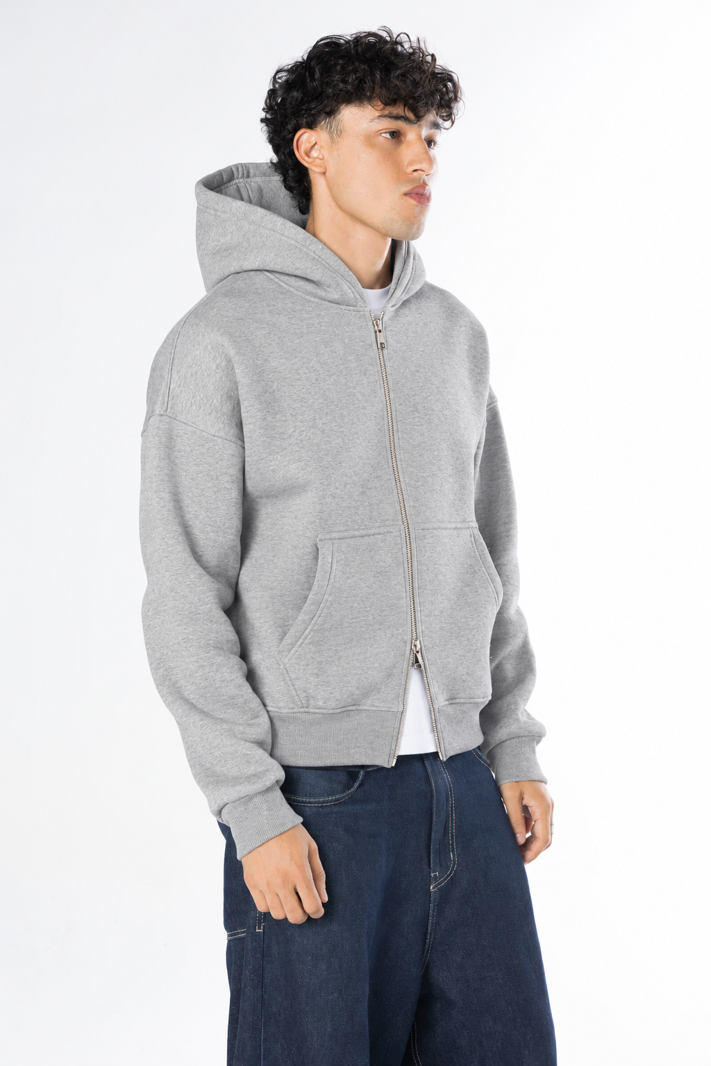 Double Zip-Up Hoodie (Boxy Fit) - Ash Grey