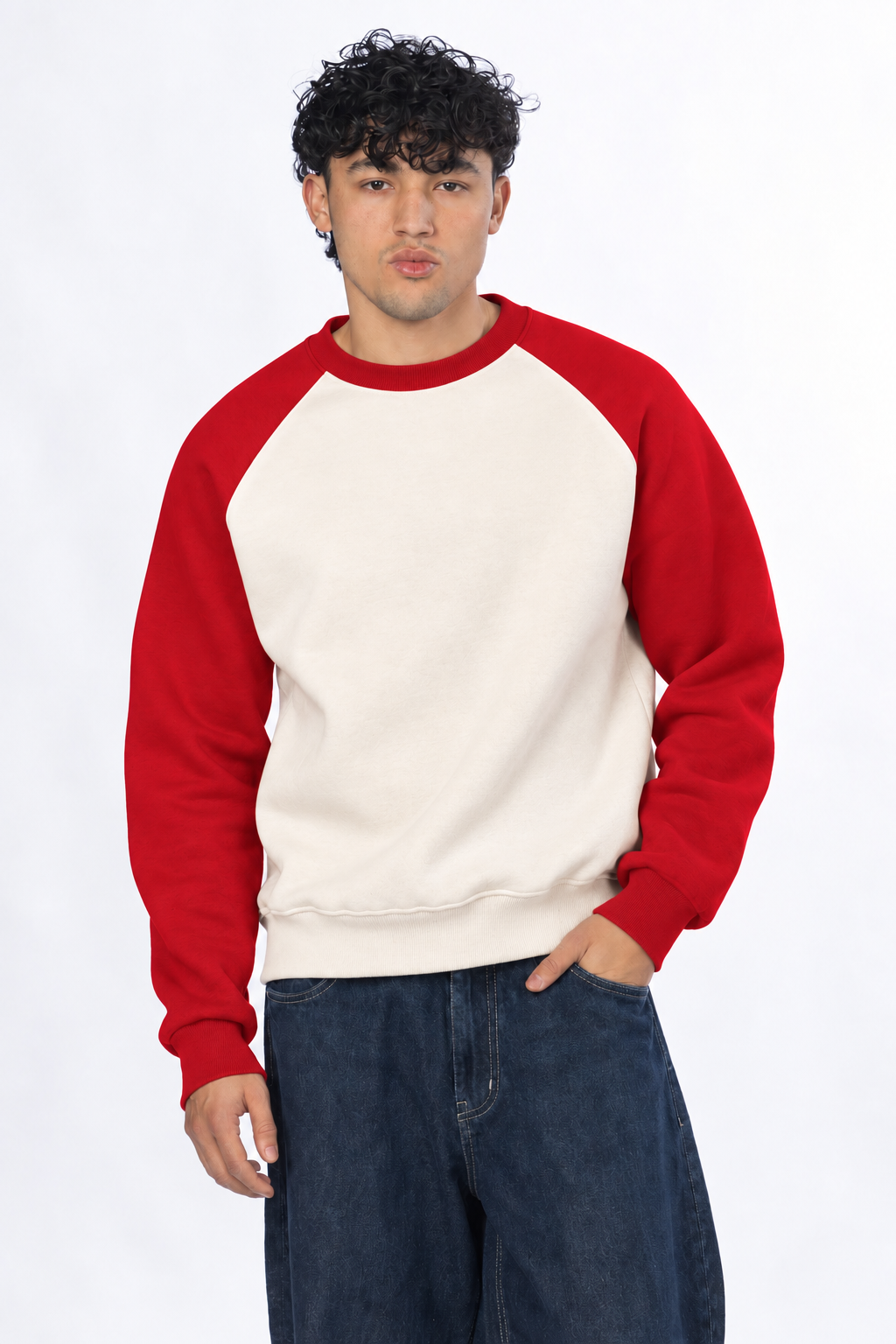 Boxy Fit Raglan Crewneck - Red / Cream