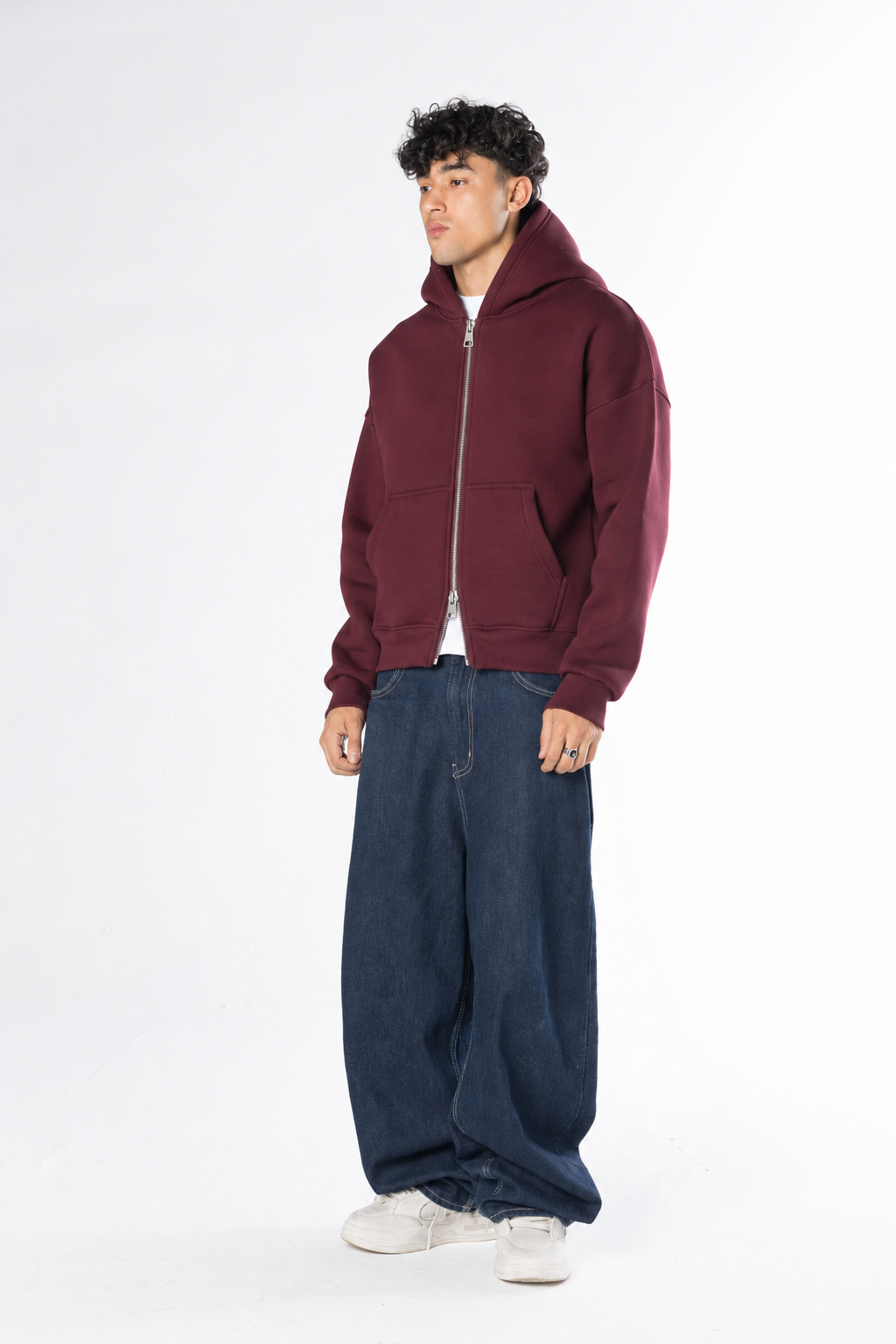 Double Zip-Up Hoodie (Boxy Fit) - Burgundy