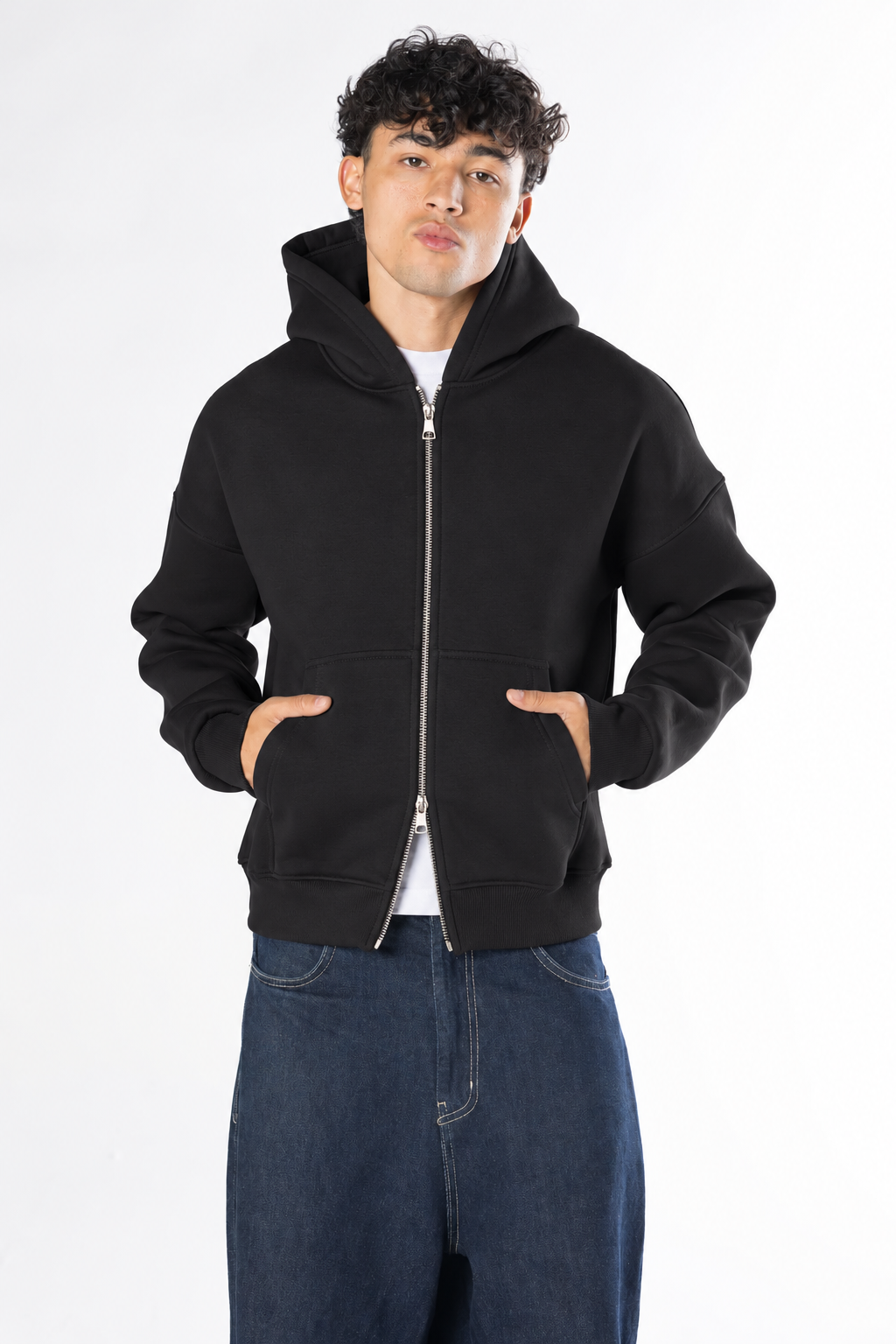 Double Zip-Up Hoodie (Boxy Fit) - Black