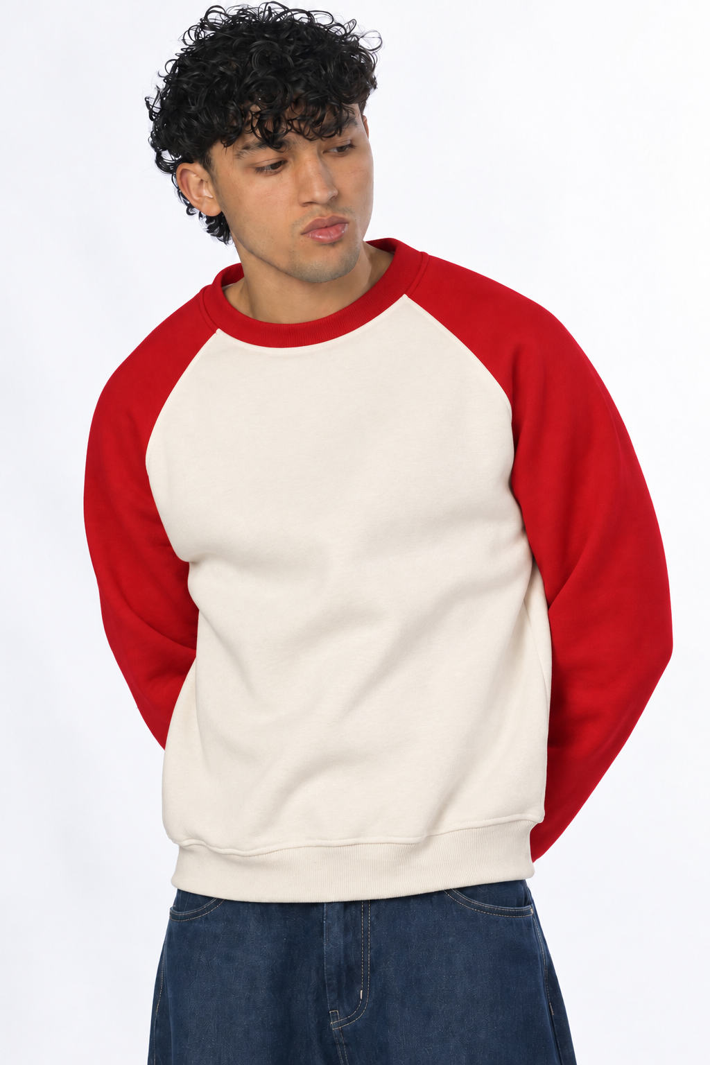 Boxy Fit Raglan Crewneck - Red / Cream
