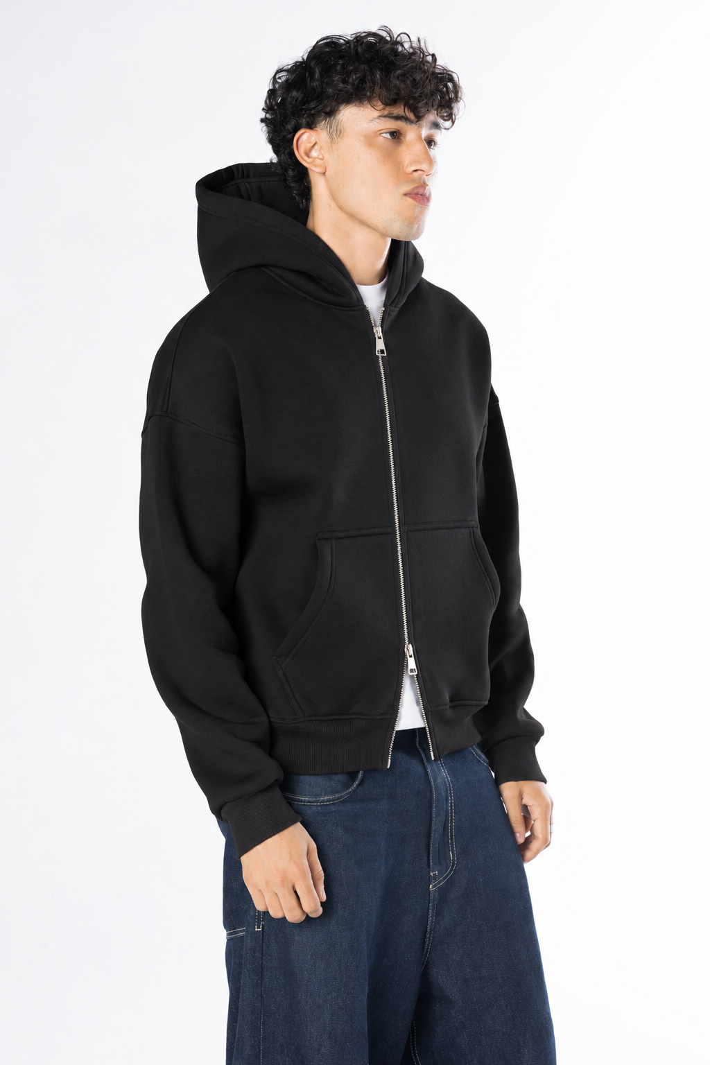 Double Zip-Up Hoodie (Boxy Fit) - Black