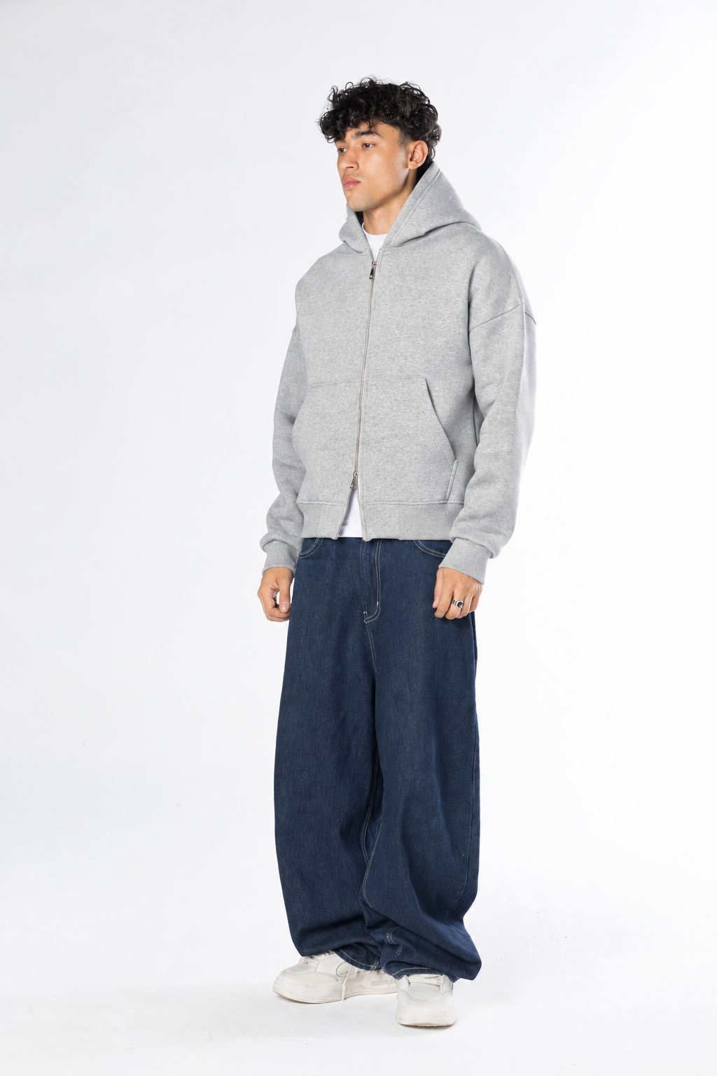Double Zip-Up Hoodie (Boxy Fit) - Ash Grey