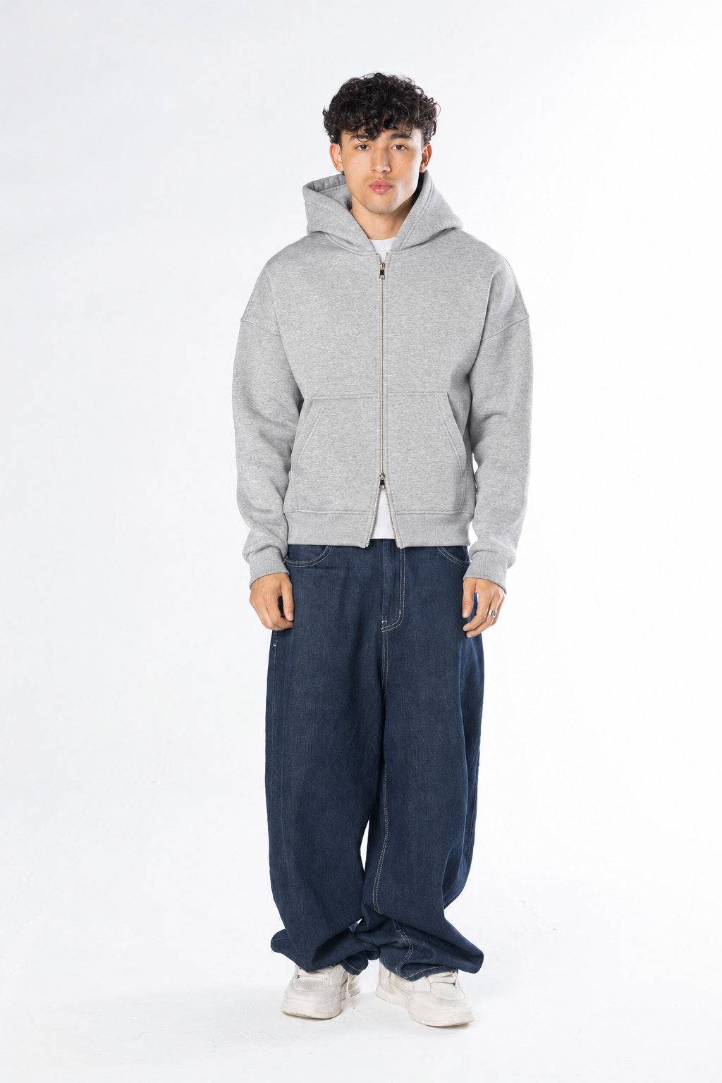 Double Zip-Up Hoodie (Boxy Fit) - Ash Grey