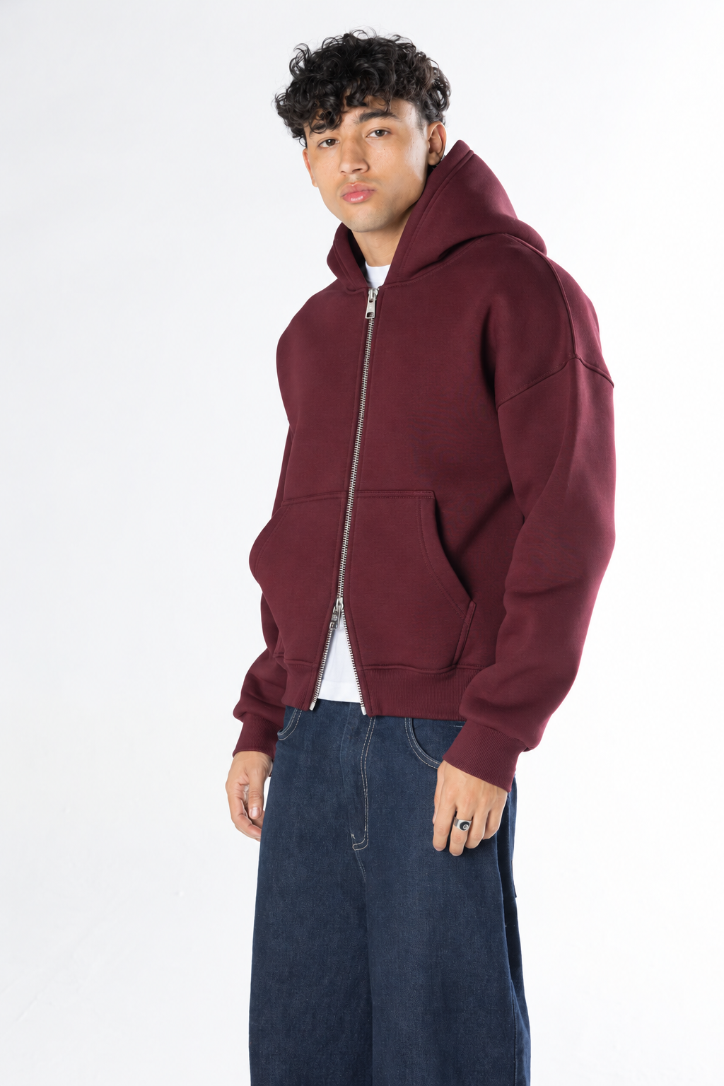 Double Zip-Up Hoodie (Boxy Fit) - Burgundy