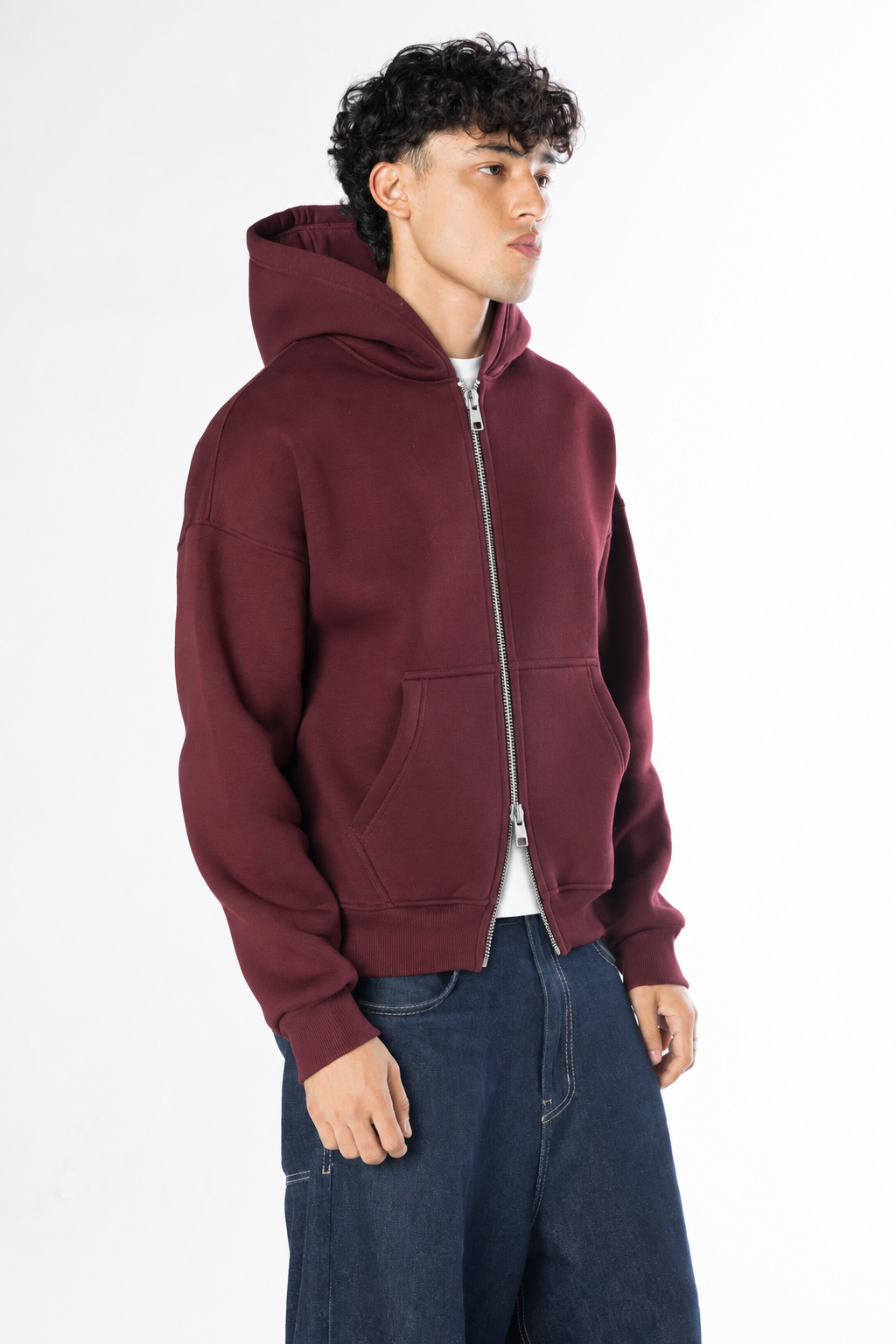 Double Zip-Up Hoodie (Boxy Fit) - Burgundy