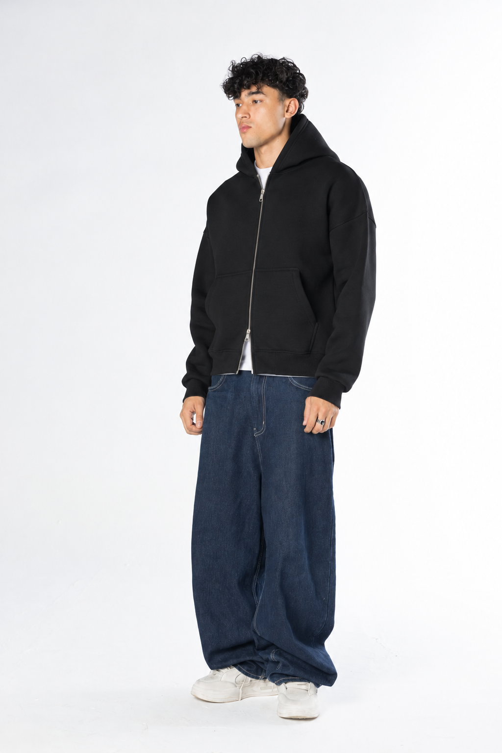 Double Zip-Up Hoodie (Boxy Fit) - Black