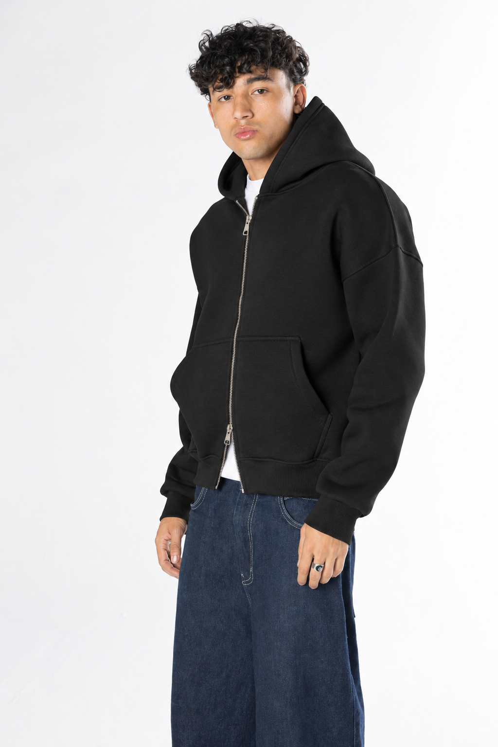 Double Zip-Up Hoodie (Boxy Fit) - Black