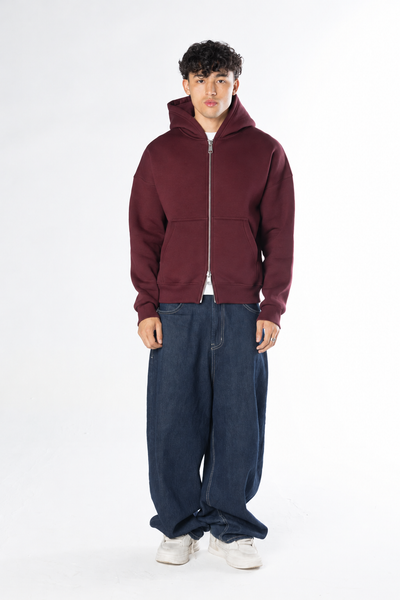 Double Zip-Up Hoodie (Boxy Fit) - Burgundy