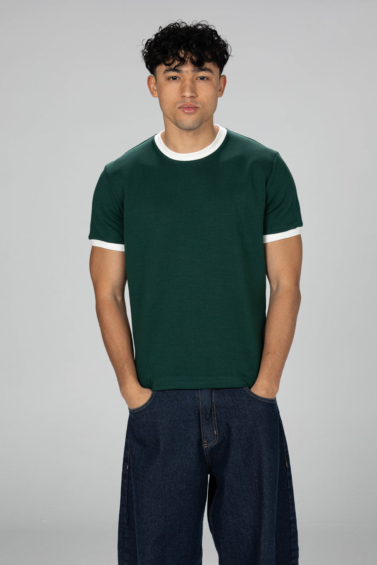 Boxy Ringer T-shirt -  Olive Green × White