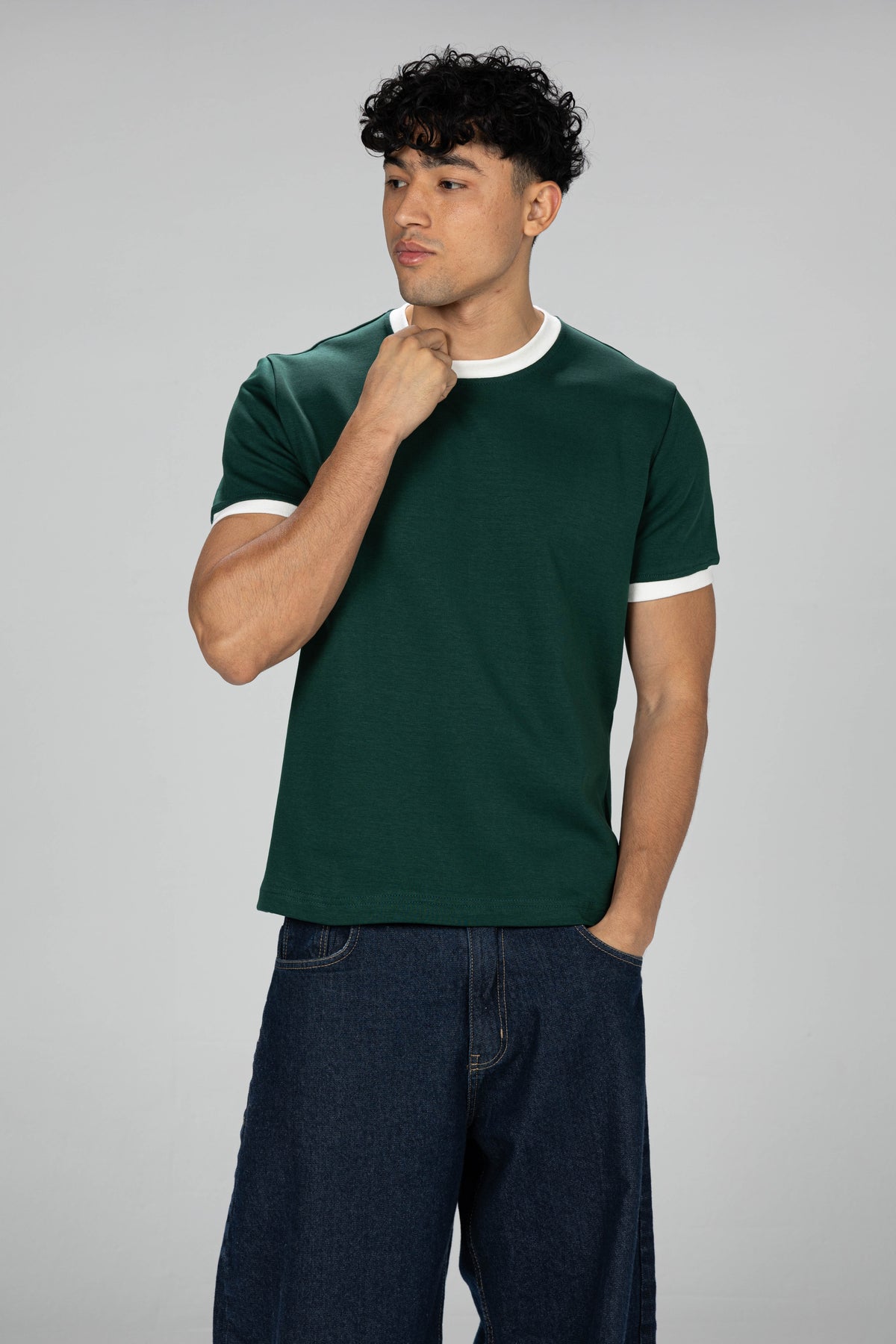 Boxy Ringer T-shirt -  Olive Green × White