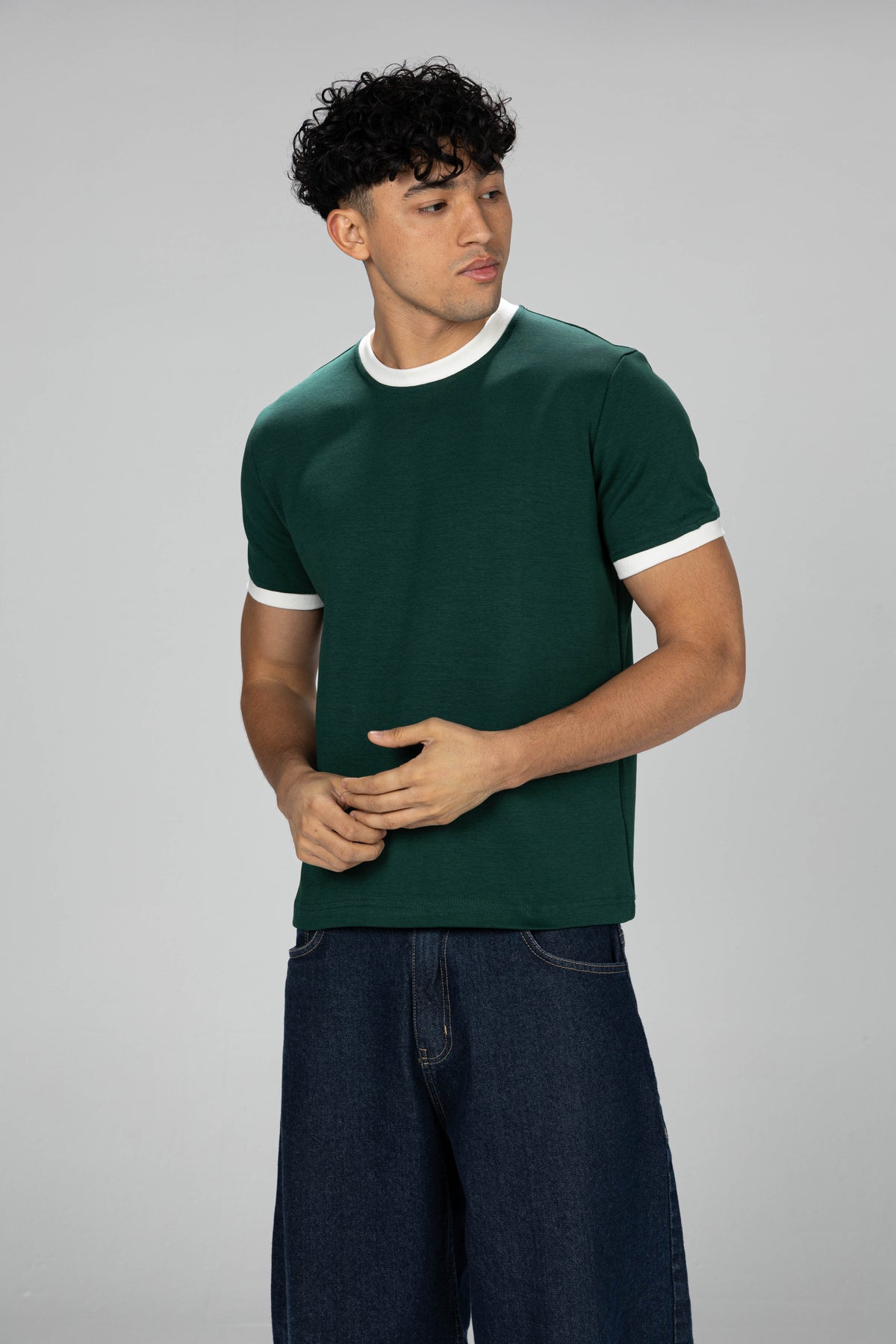 Boxy Ringer T-shirt -  Olive Green × White