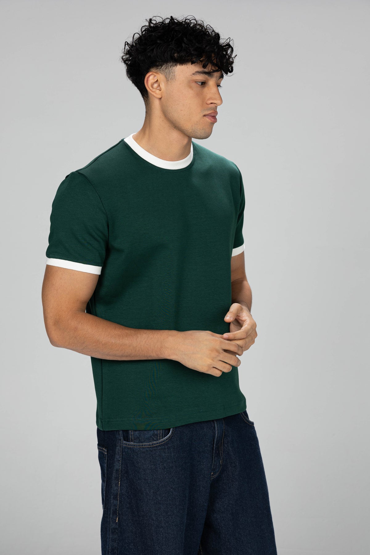 Boxy Ringer T-shirt -  Olive Green × White