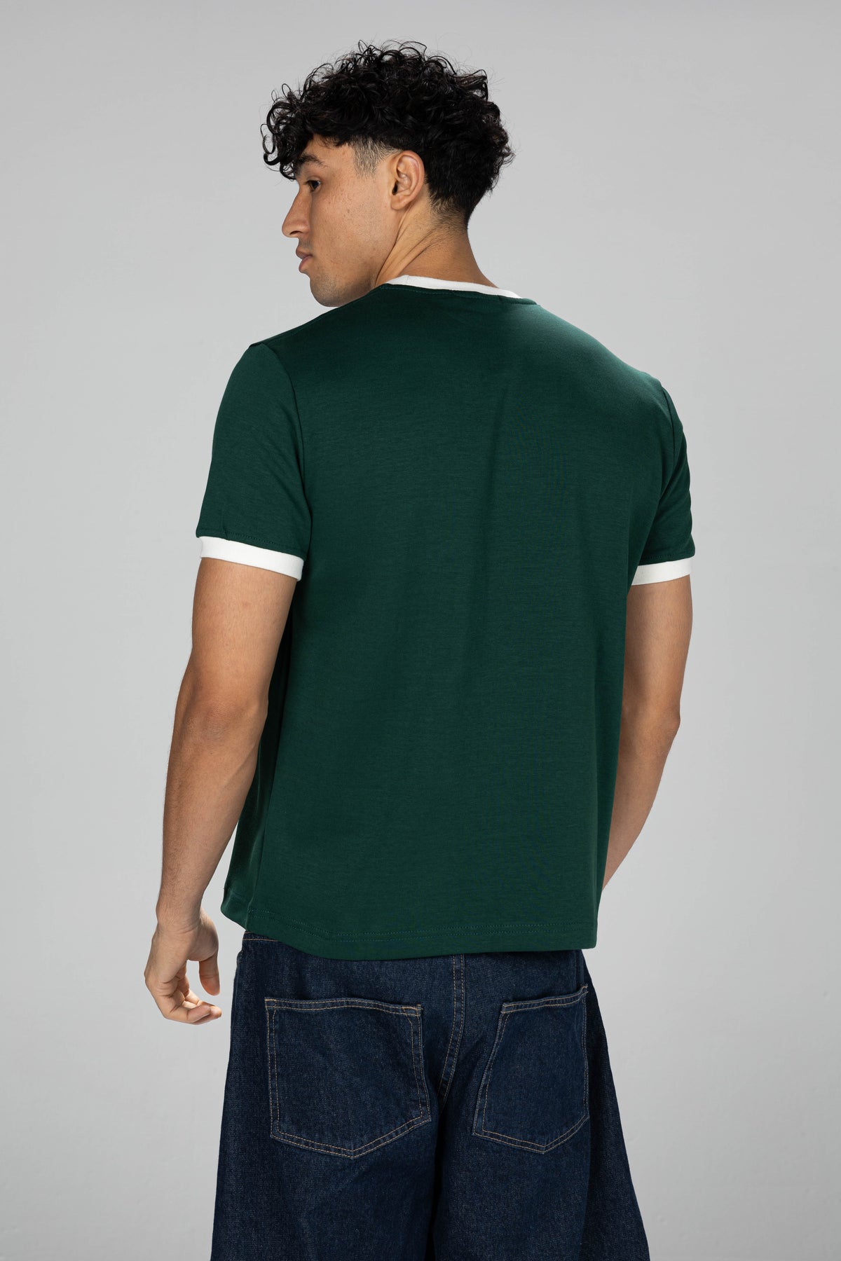 Boxy Ringer T-shirt -  Olive Green × White