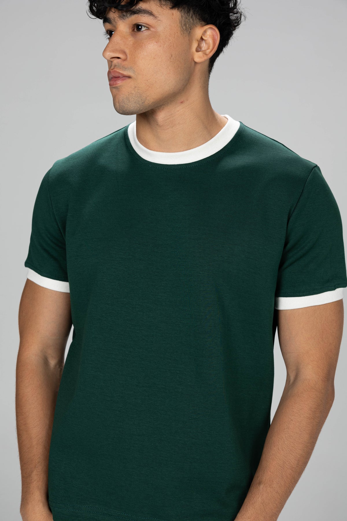 Boxy Ringer T-shirt -  Olive Green × White