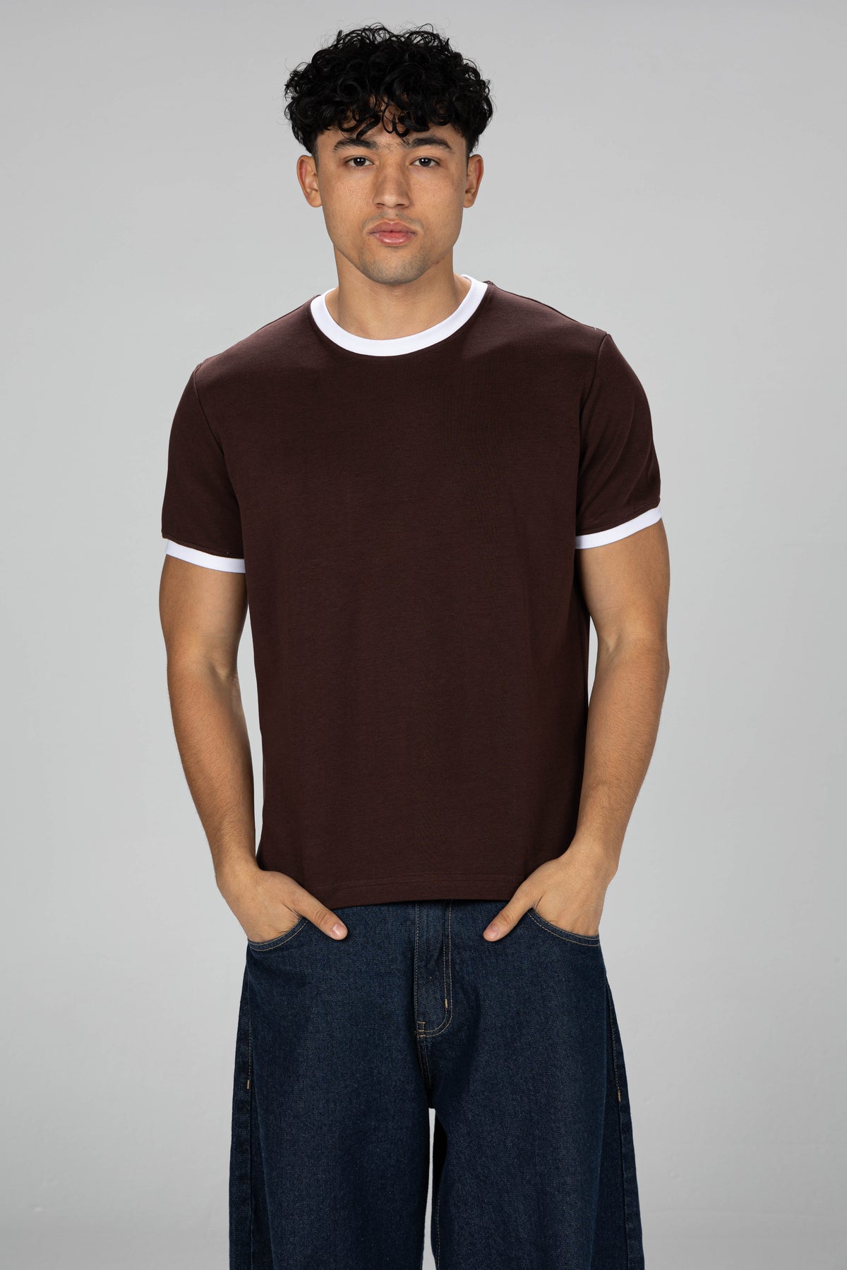 Boxy Ringer T-shirt -  Brown × White