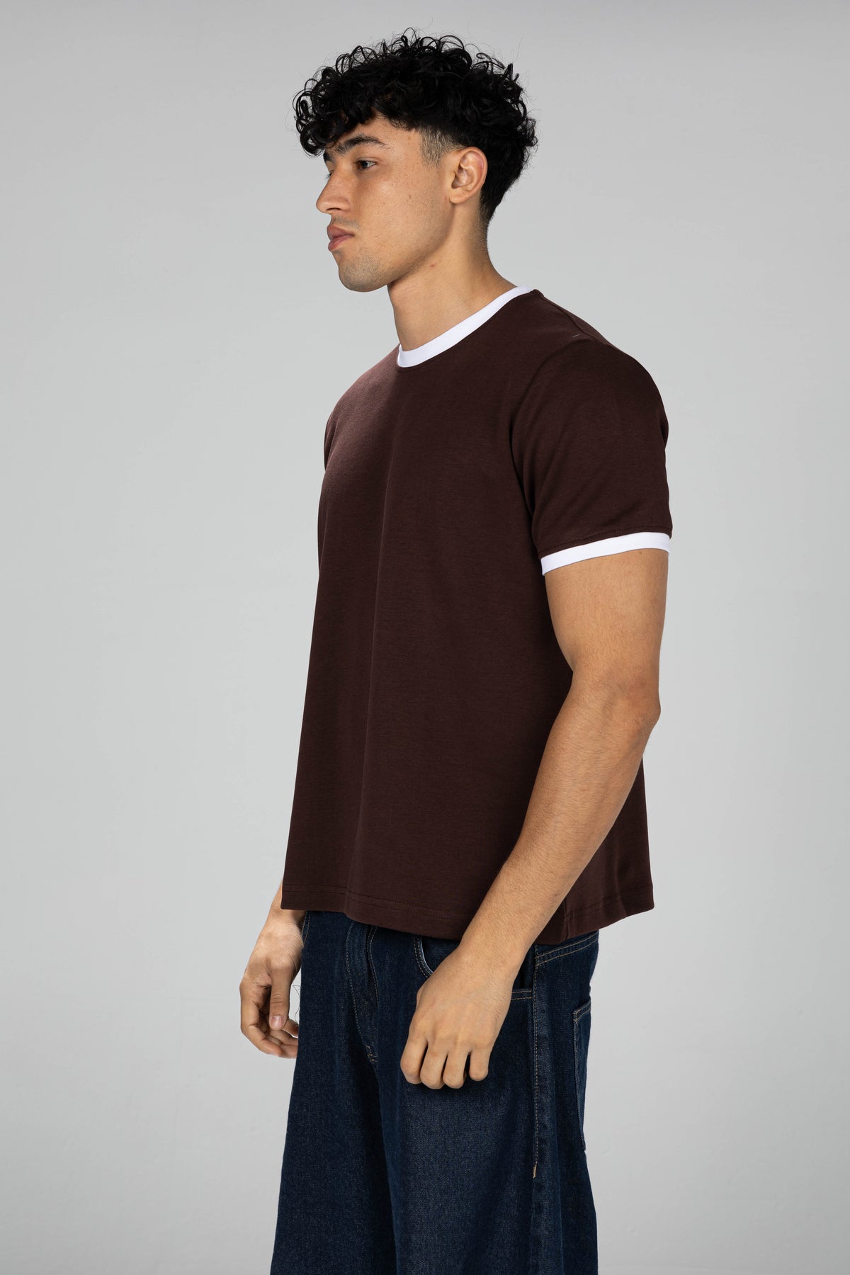 Boxy Ringer T-shirt -  Brown × White