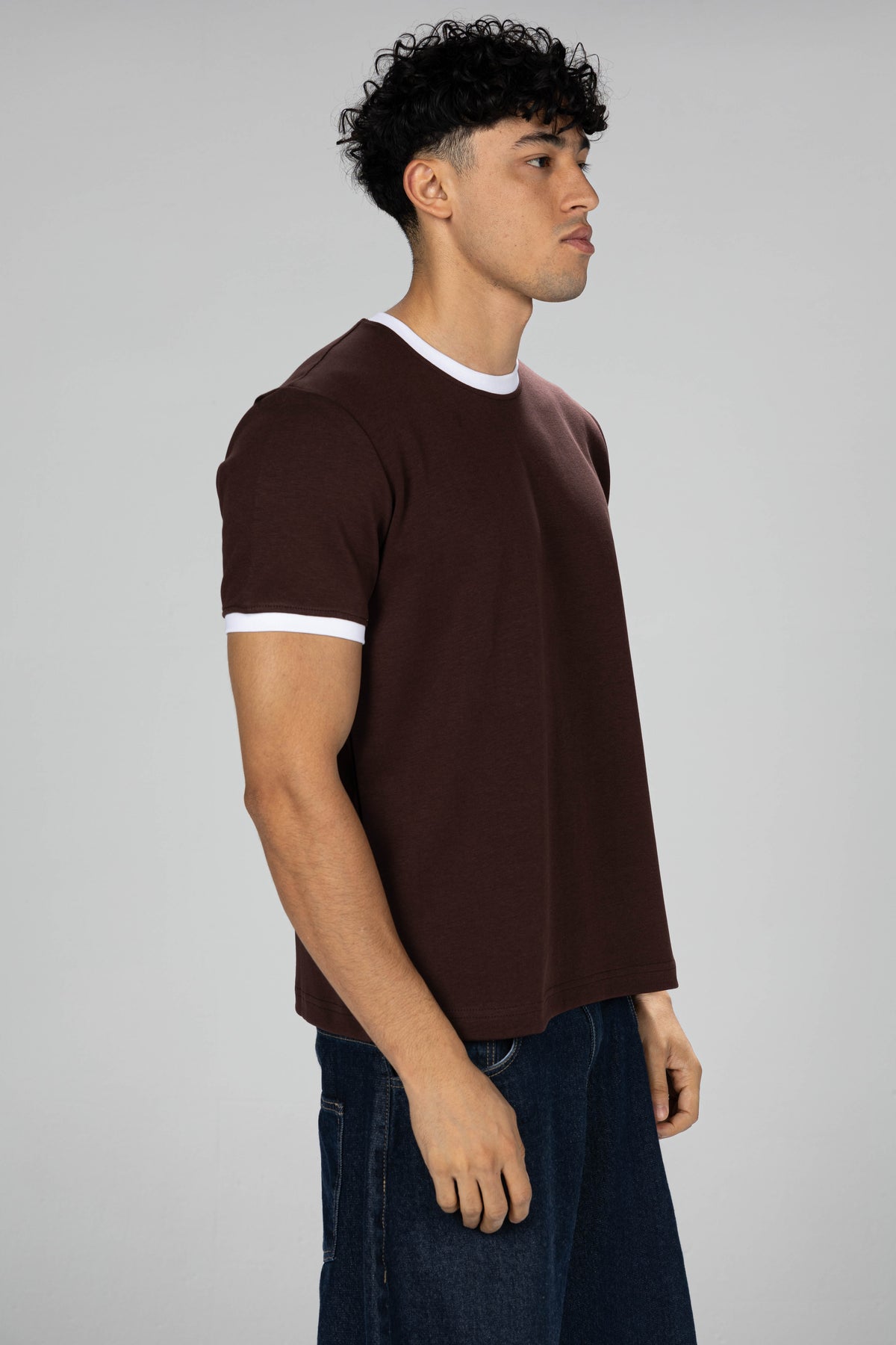 Boxy Ringer T-shirt -  Brown × White
