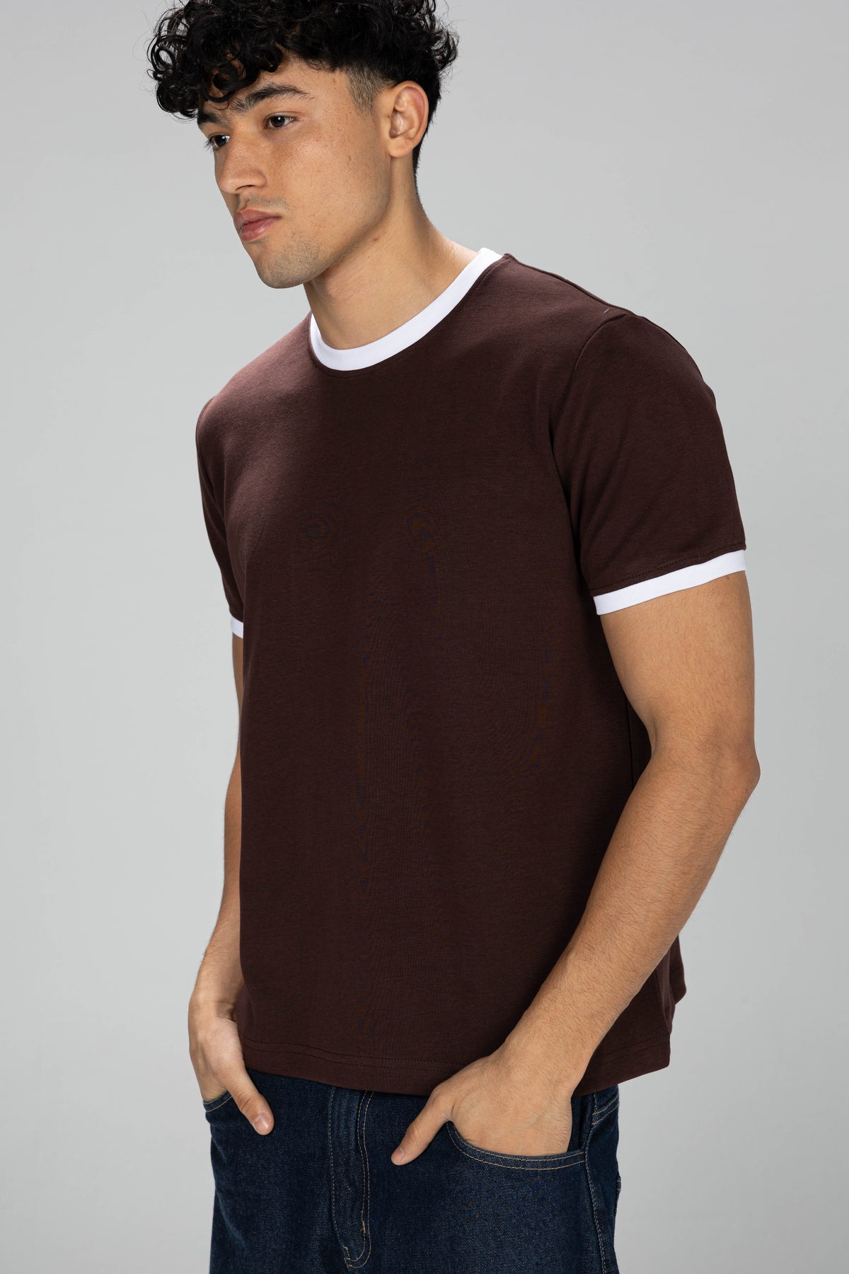 Boxy Ringer T-shirt -  Brown × White