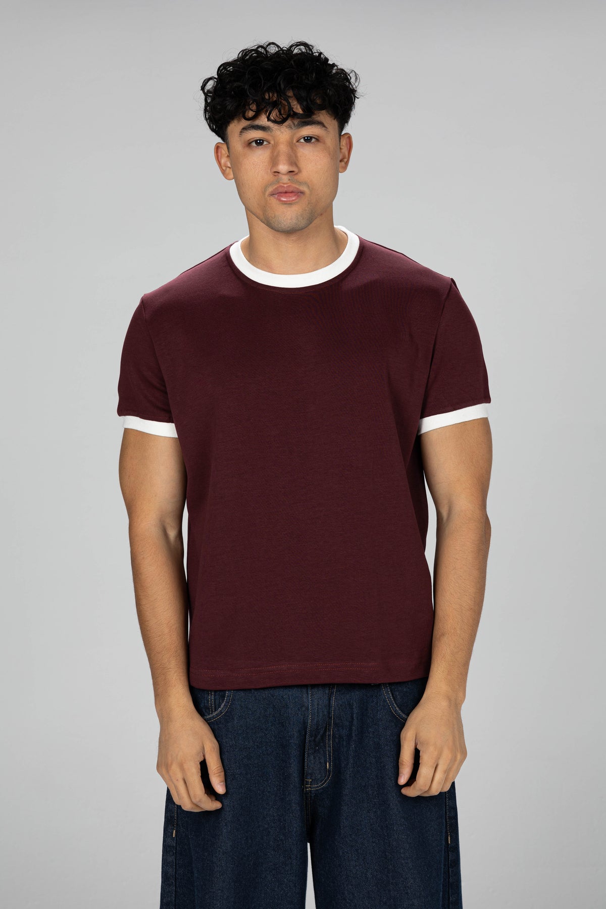 Boxy Ringer T-shirt -  Burgundy × White
