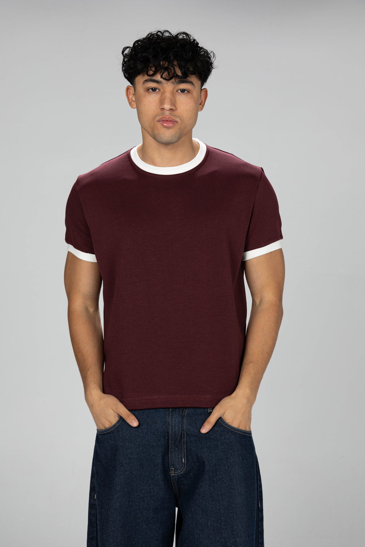 Boxy Ringer T-shirt -  Burgundy × White