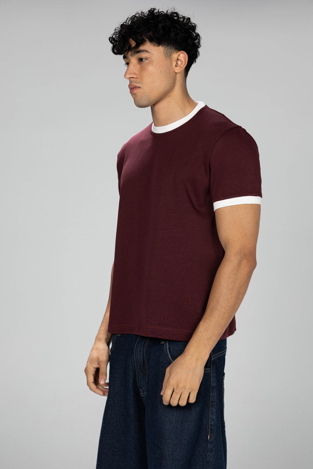 Boxy Ringer T-shirt -  Burgundy × White