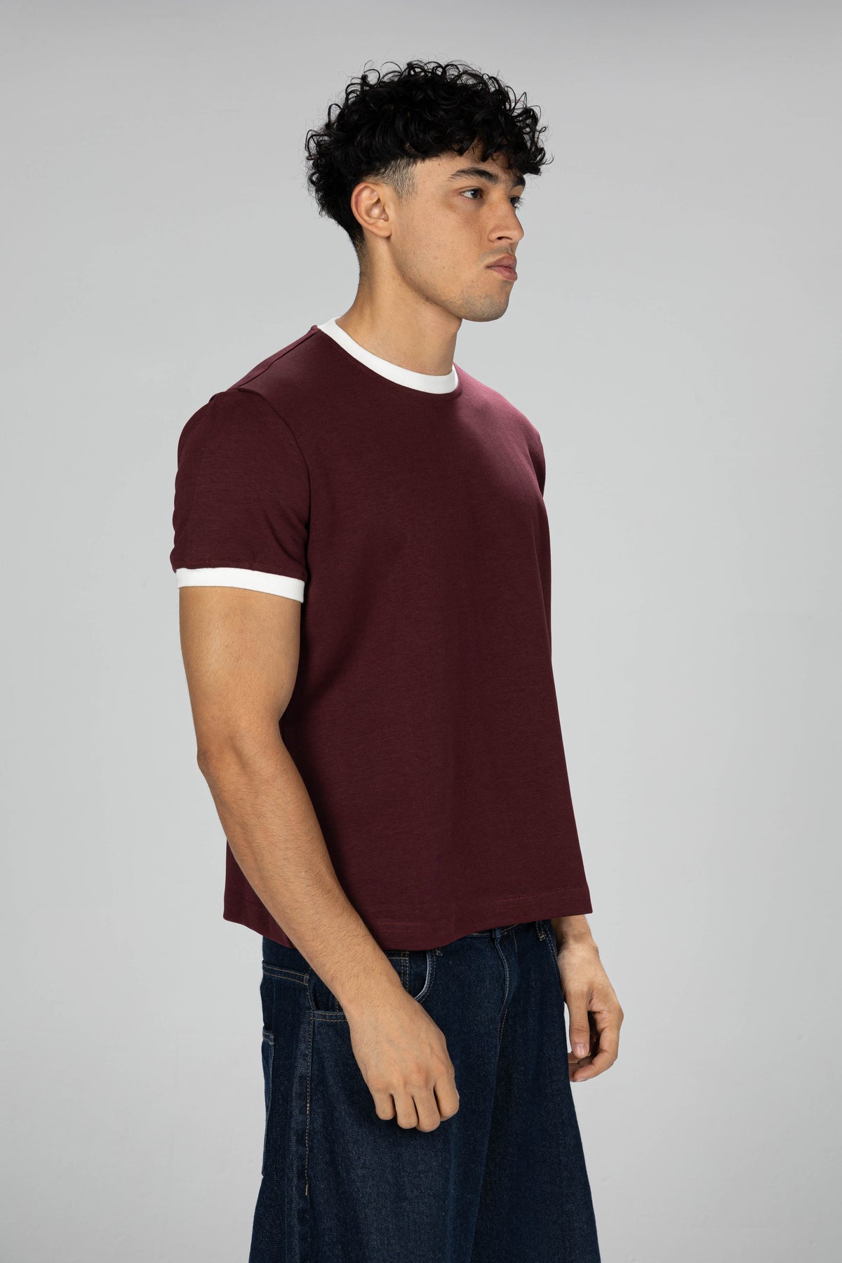 Boxy Ringer T-shirt -  Burgundy × White