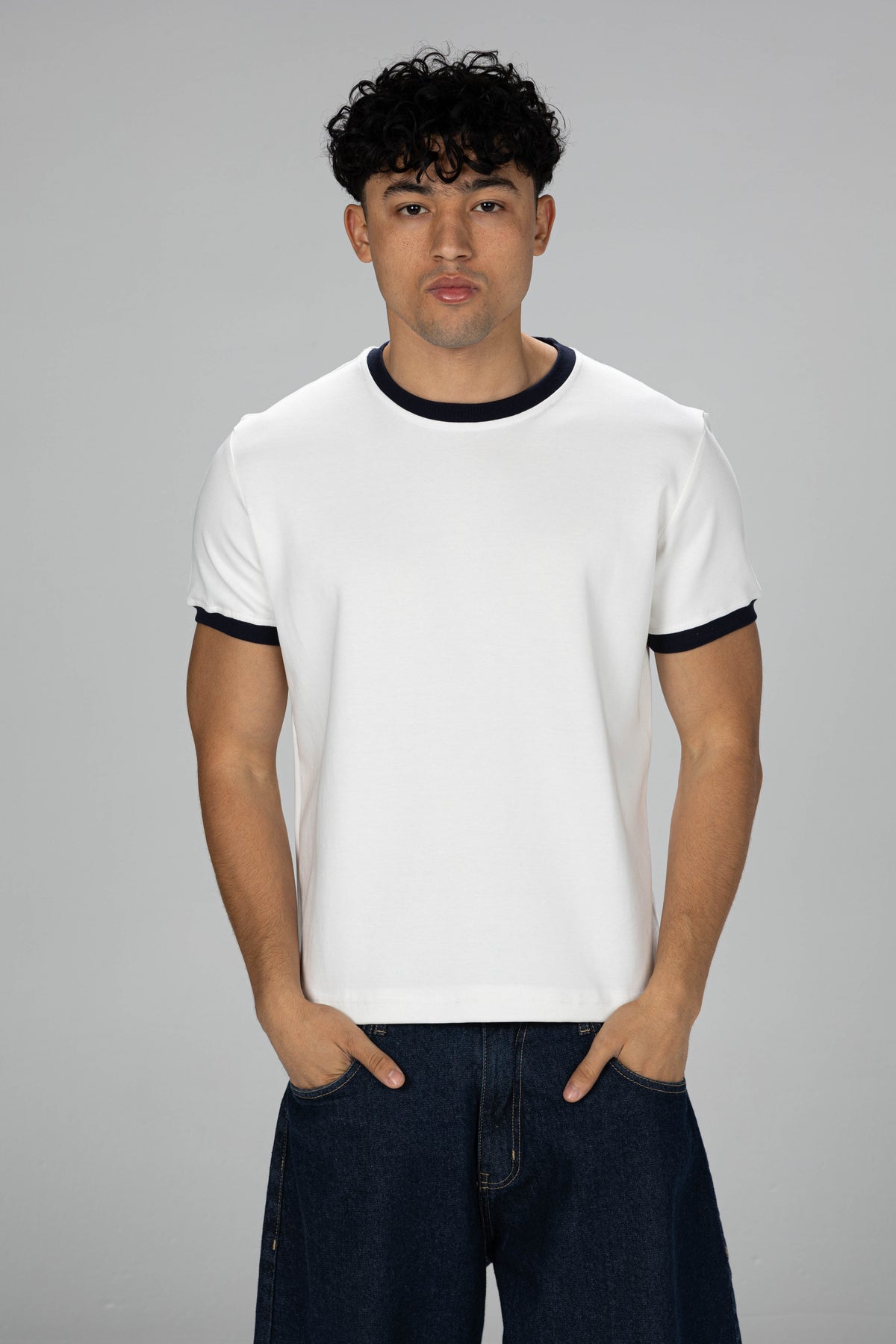 Boxy Ringer T-shirt - White × Navy Blue
