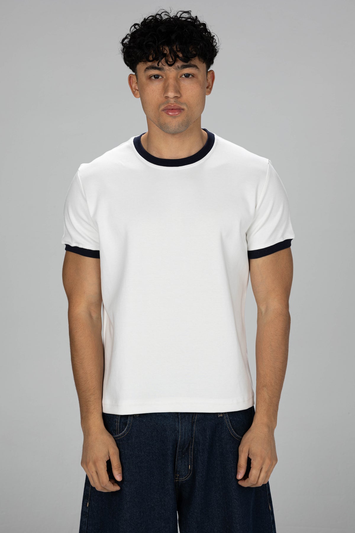 Boxy Ringer T-shirt - White × Navy Blue