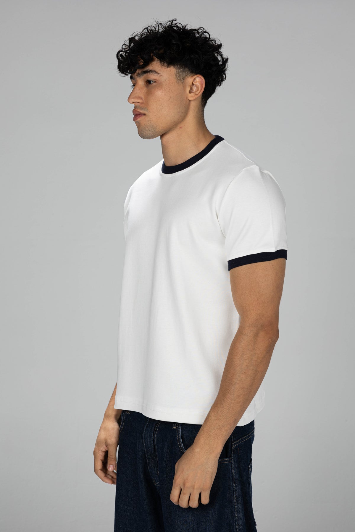 Boxy Ringer T-shirt - White × Navy Blue