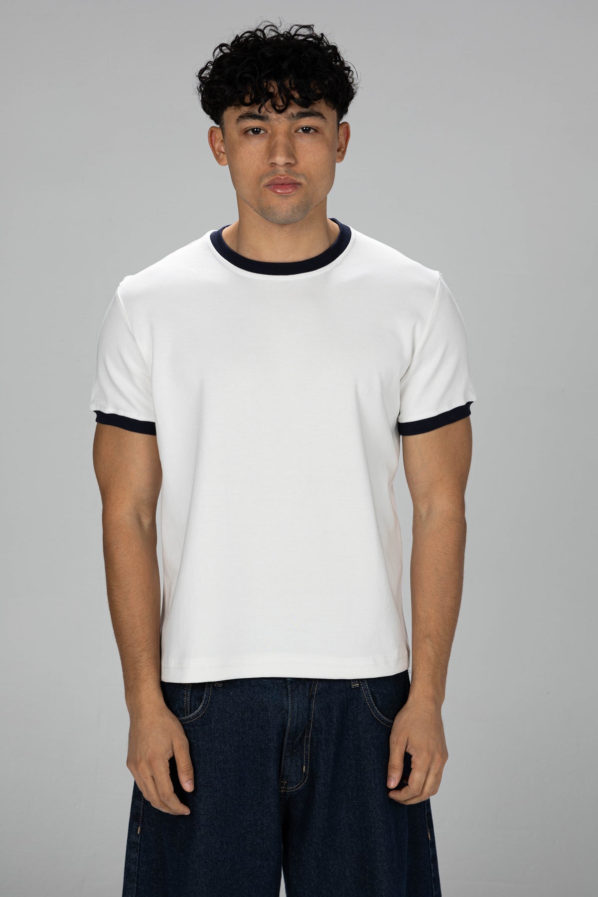 Boxy Ringer T-shirt -  White × Olive Green