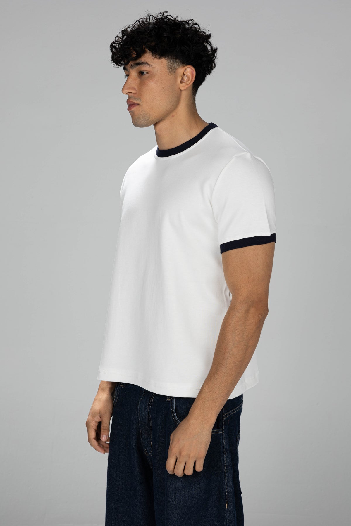 Boxy Ringer T-shirt - White × Navy Blue