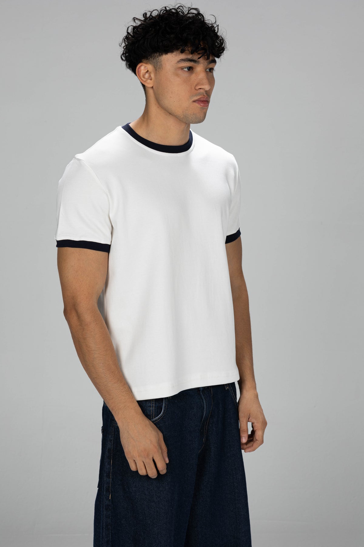 Boxy Ringer T-shirt - White × Navy Blue