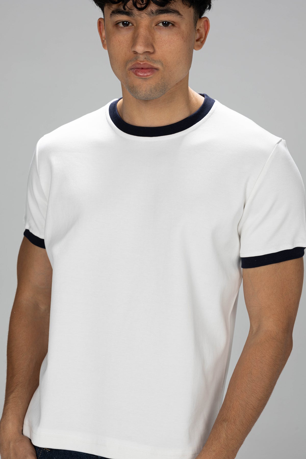 Boxy Ringer T-shirt - White × Navy Blue