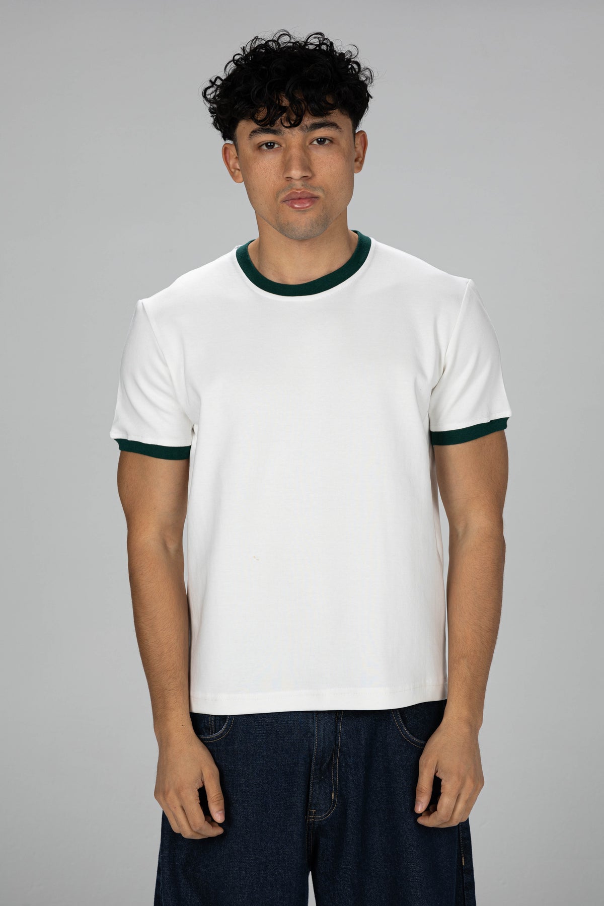 Boxy Ringer T-shirt -  White × Olive Green