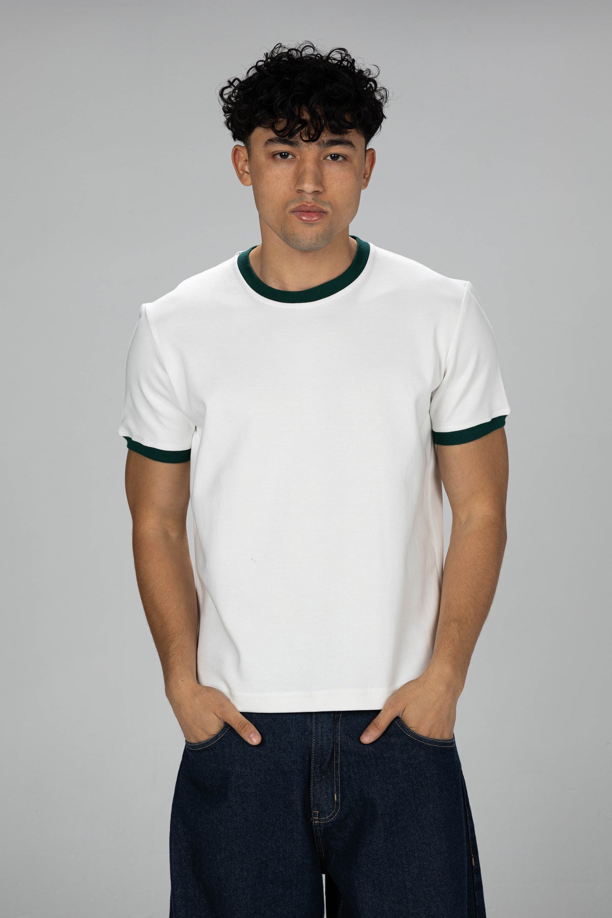 Boxy Ringer T-shirt -  White × Olive Green