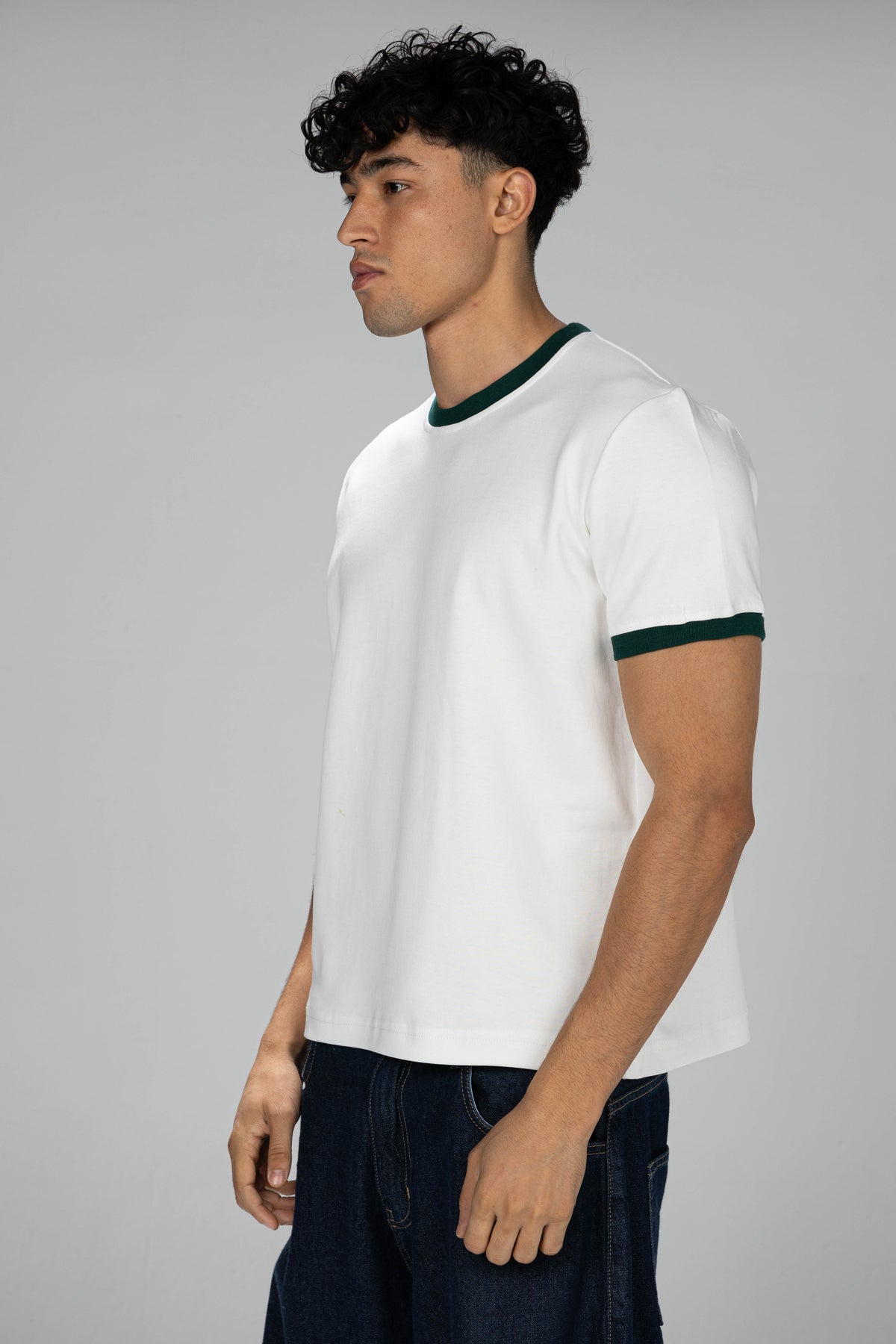 Boxy Ringer T-shirt -  White × Olive Green