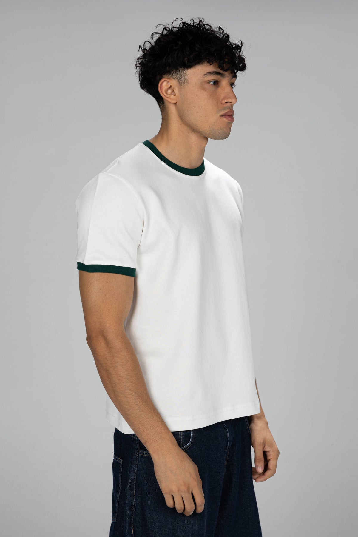 Boxy Ringer T-shirt -  White × Olive Green