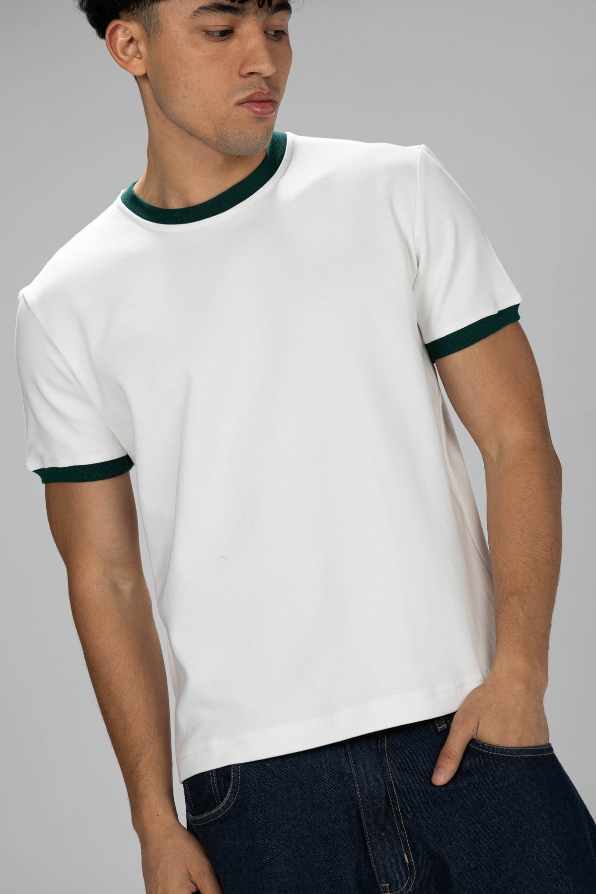 Boxy Ringer T-shirt -  White × Olive Green