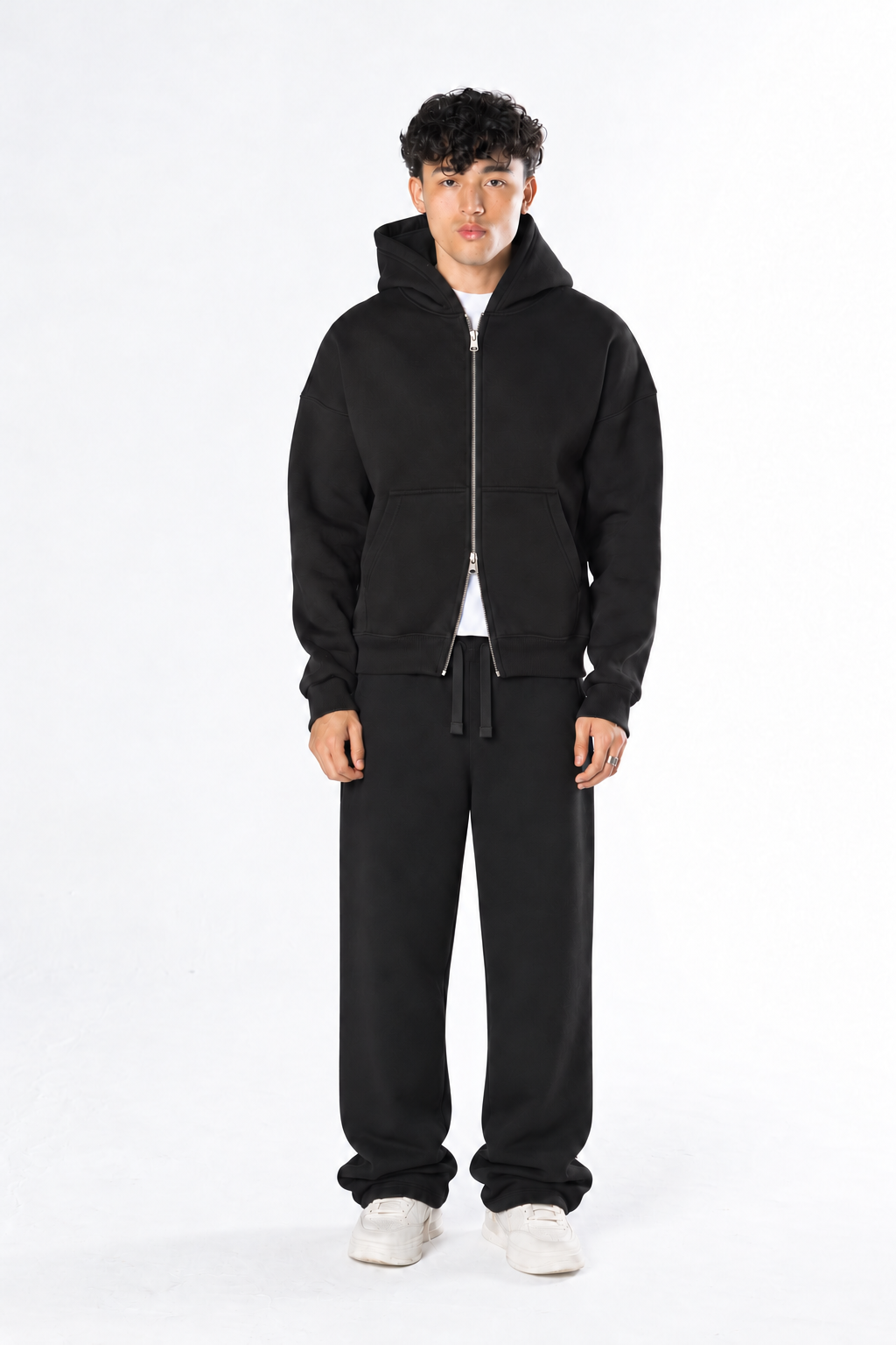 Double Zip-Up Hoodie & Street Fit Sweatpants Set - Black